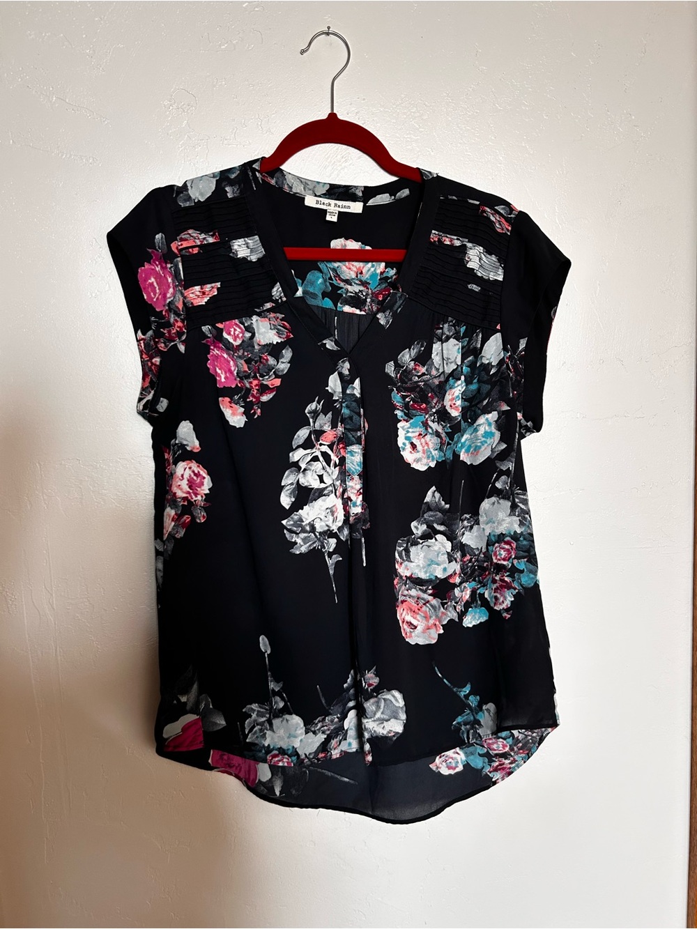 Black Rainn Black Floral Short-Sleeve V-Neck Blouse with Pink & Teal Accents